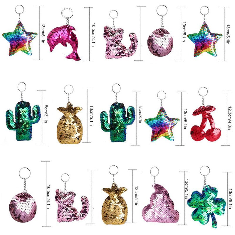 Outee Sequin Keychain 15 Pcs Flip Sequin Keychain for Mermaid Tail Clover Cat Animals Shape Christmas Gift Party Favors for Kids Adults Party Favors Gift Back to School Gifts 15 Different Designs - Image 2